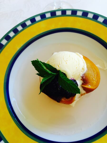 Poached Peaches with Vanilla Ice Cream and Blueberry Compote