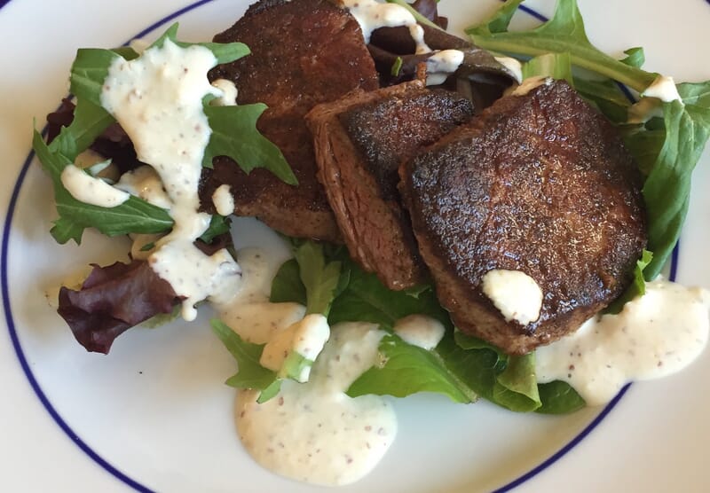 Seared Baja Beef Tenderloin with Spring Greens and Parmesan, Mustard and Horseradish Sauce