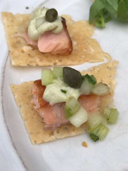 Smoked Salmon with Wasabi Cream and Capers on Parmesan Crisp Squares