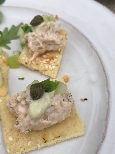 Smoked Salmon Spread with Wasabi Cream Sauce and Capers on Low-Carb Crackers