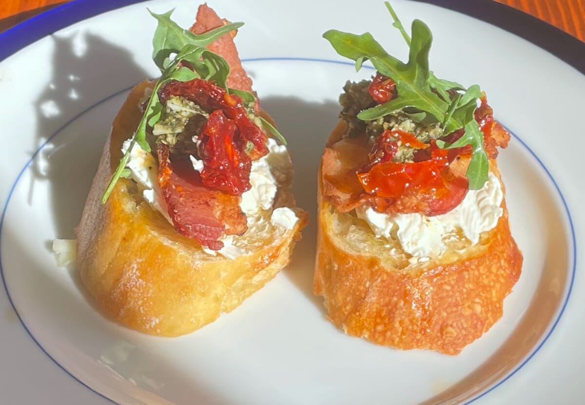 Bacon With Herbed Cream Cheese, Pesto and Sun Dried Tomato Crostini